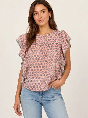 NWOT World Market Boho Floral Flutter Sleeve Blouse - cotton - S/M